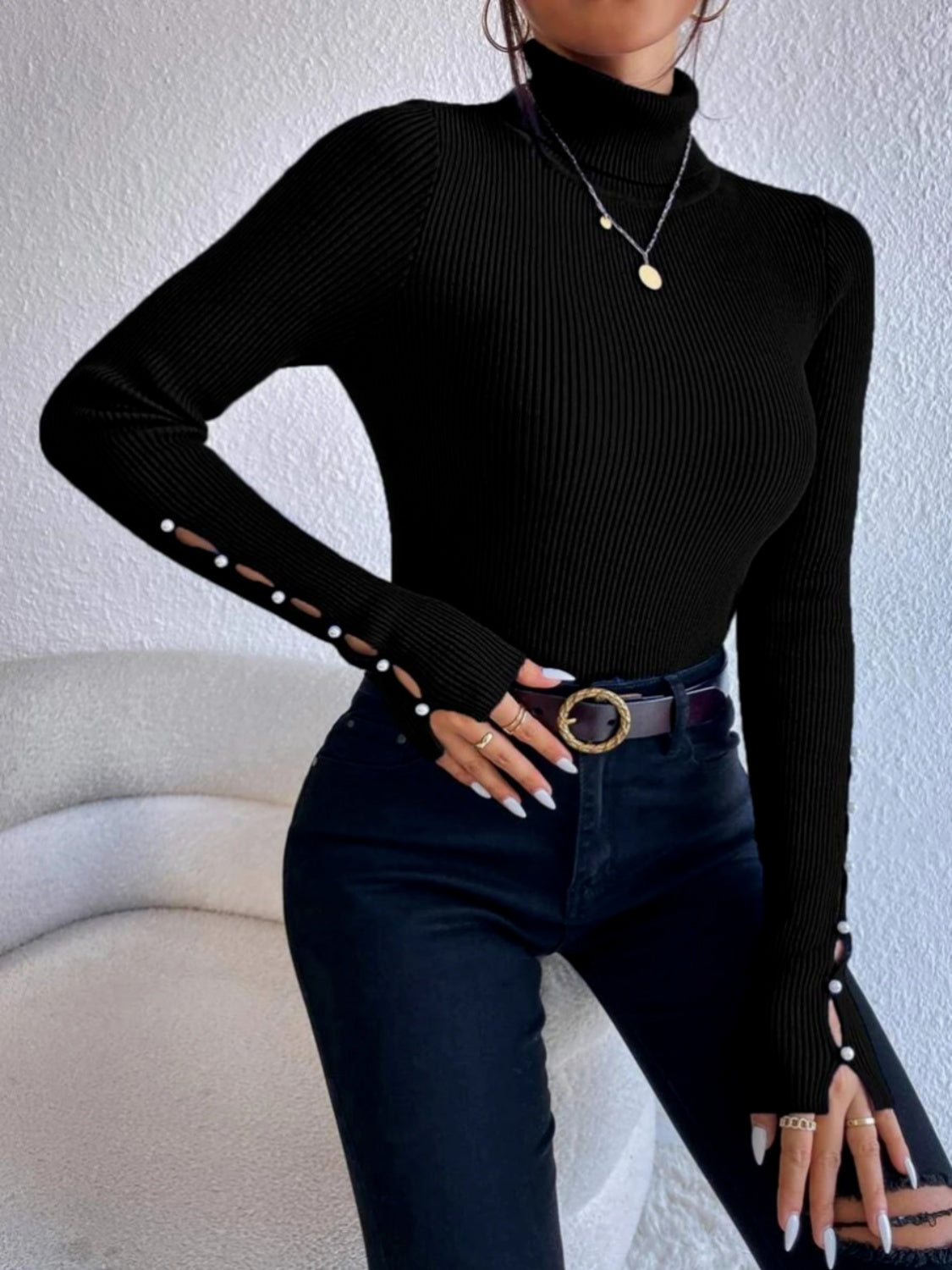 Cutout Turtleneck Rib-Knit Top - Whiicka