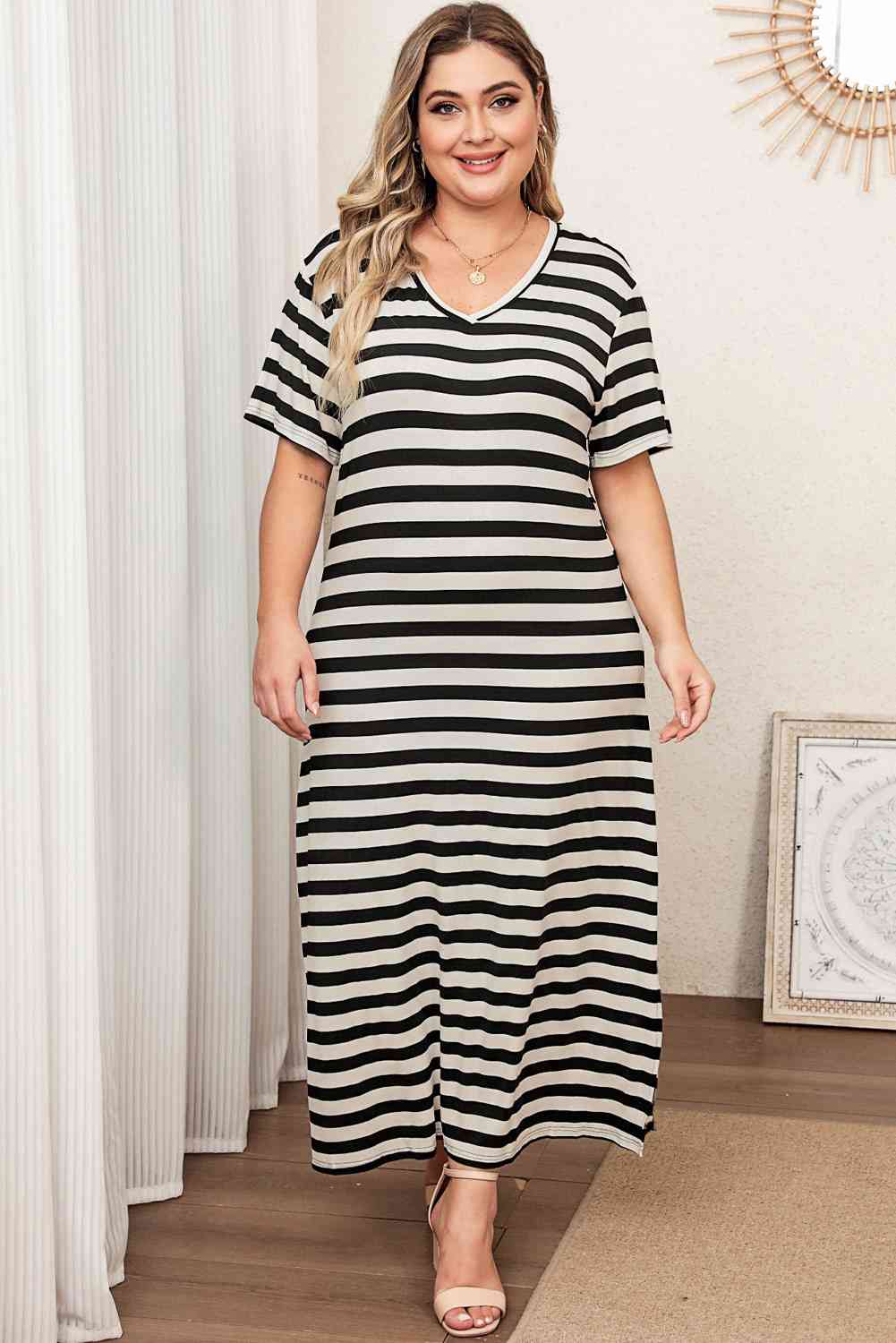 Plus Size V-Neck Side Slit Stripped Dress