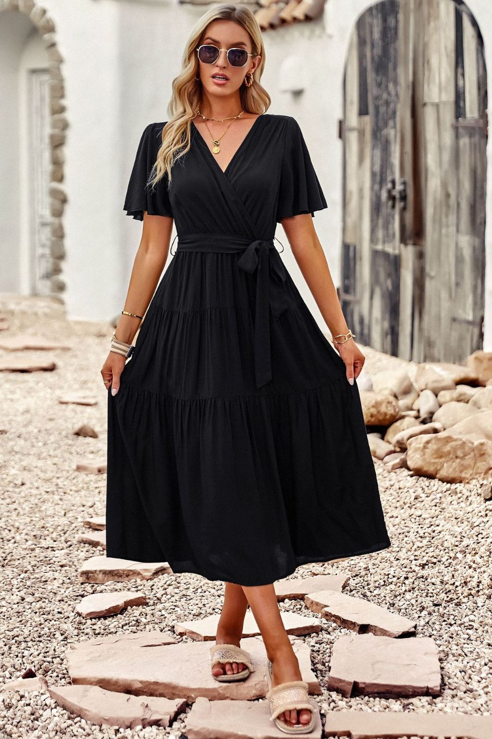 Belted Flutter Sleeve Tiered Surplice Dress - Whiicka