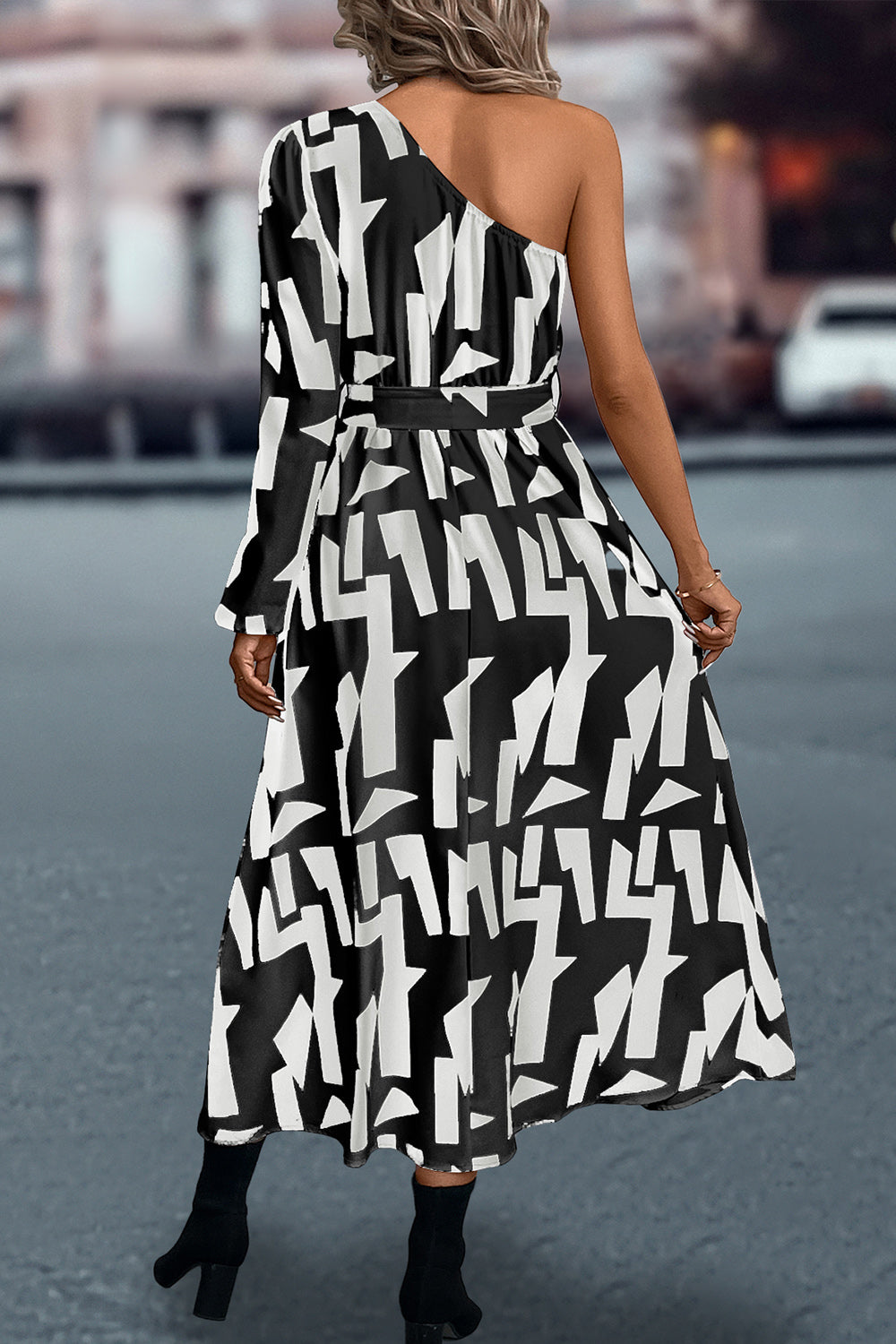 Printed One-Shoulder Tie Waist Dress - Whiicka