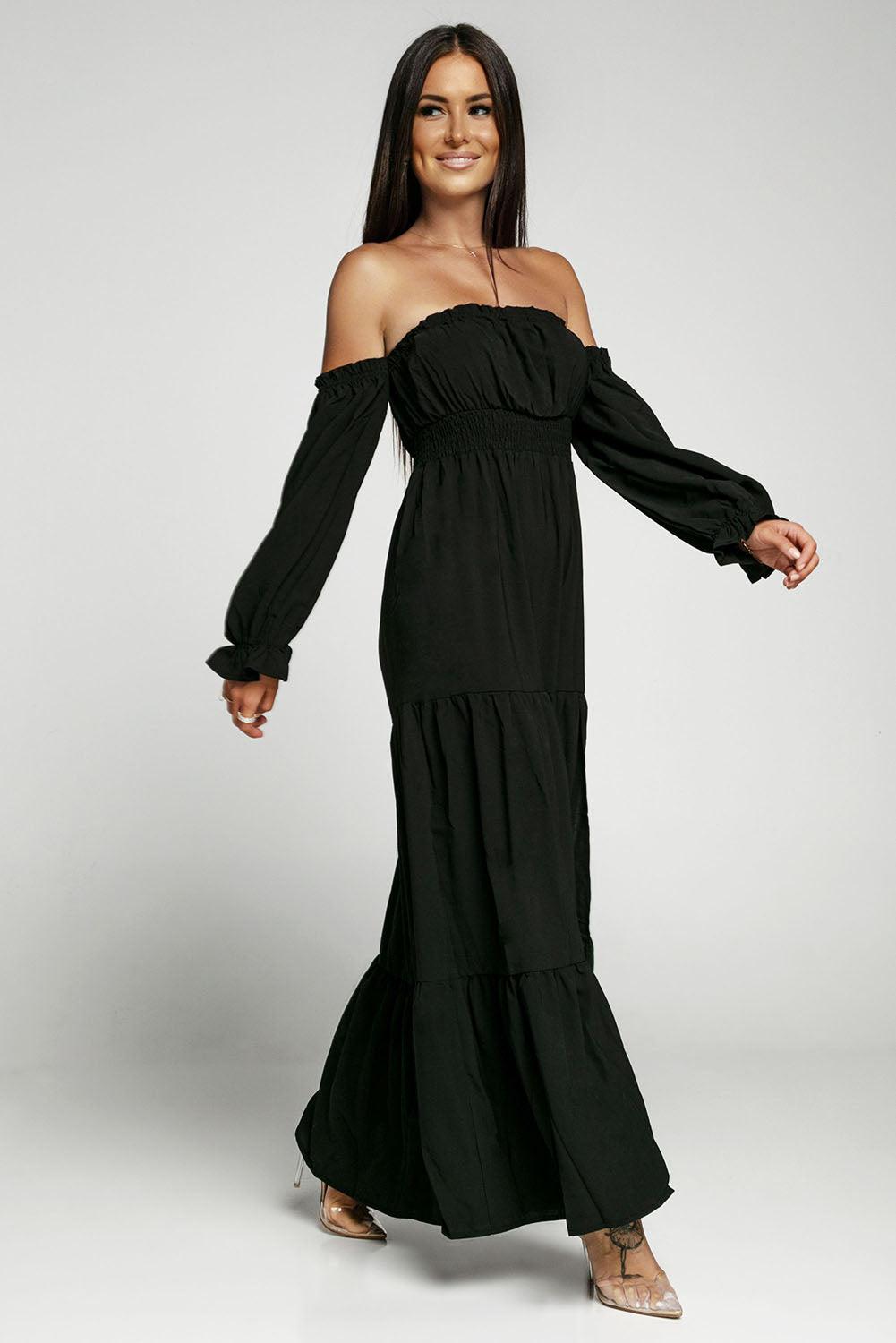 Off-Shoulder Smocked Split Tiered Maxi Dress - Whiicka