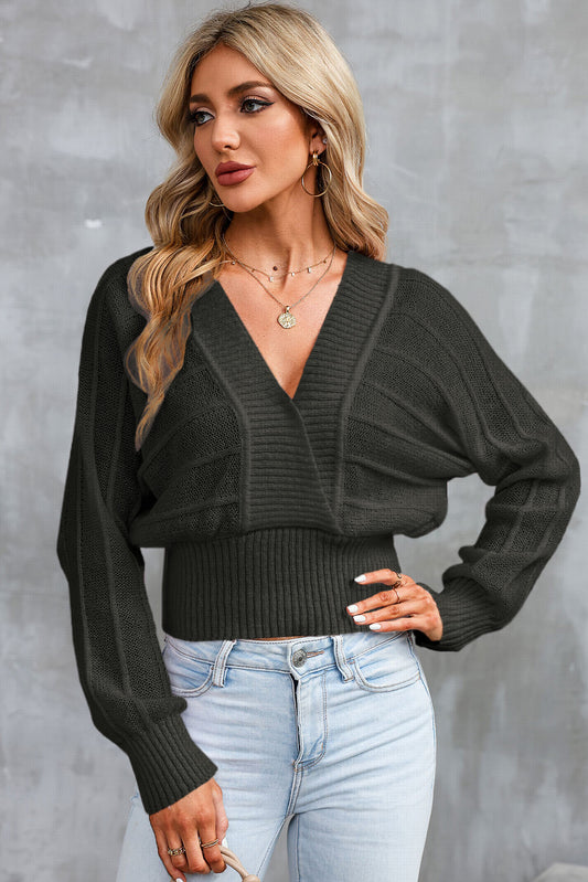 Surplice Neck Lace-Up Sweater - Whiicka