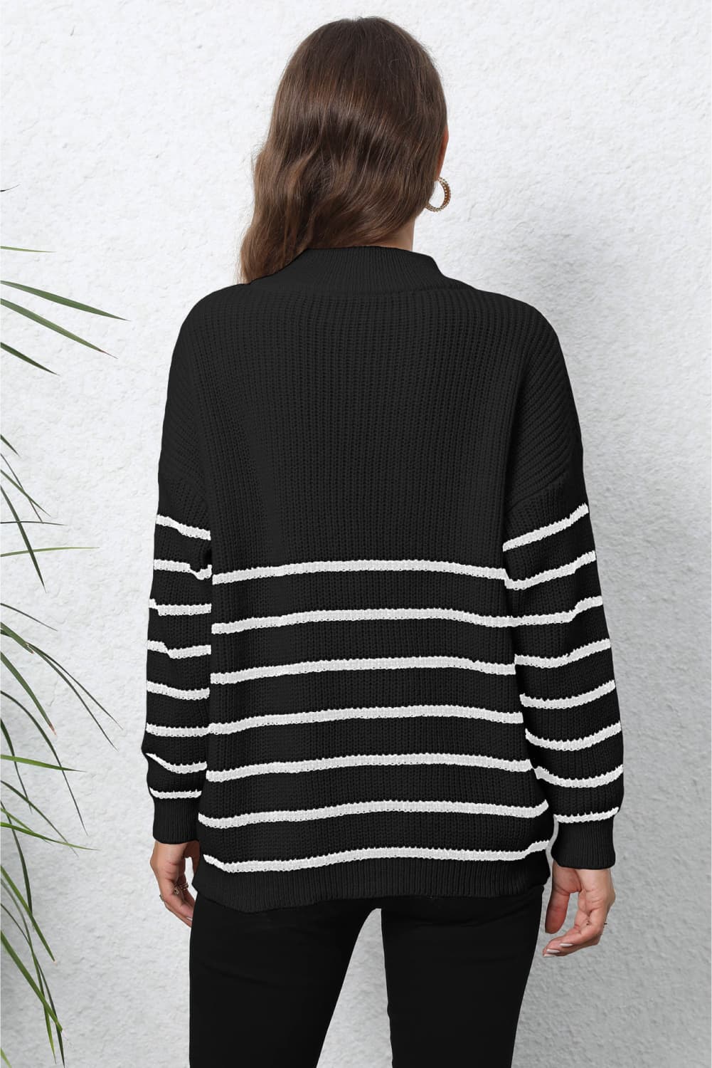 Striped Zip-Up Ribbed Sweater - Whiicka