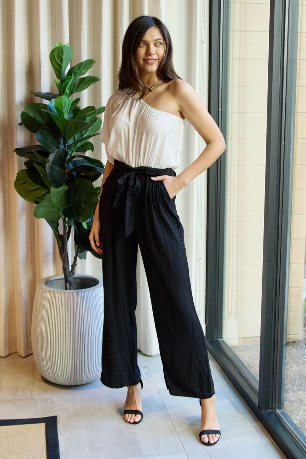 Black and White One-Shoulder Jumpsuit - Whiicka