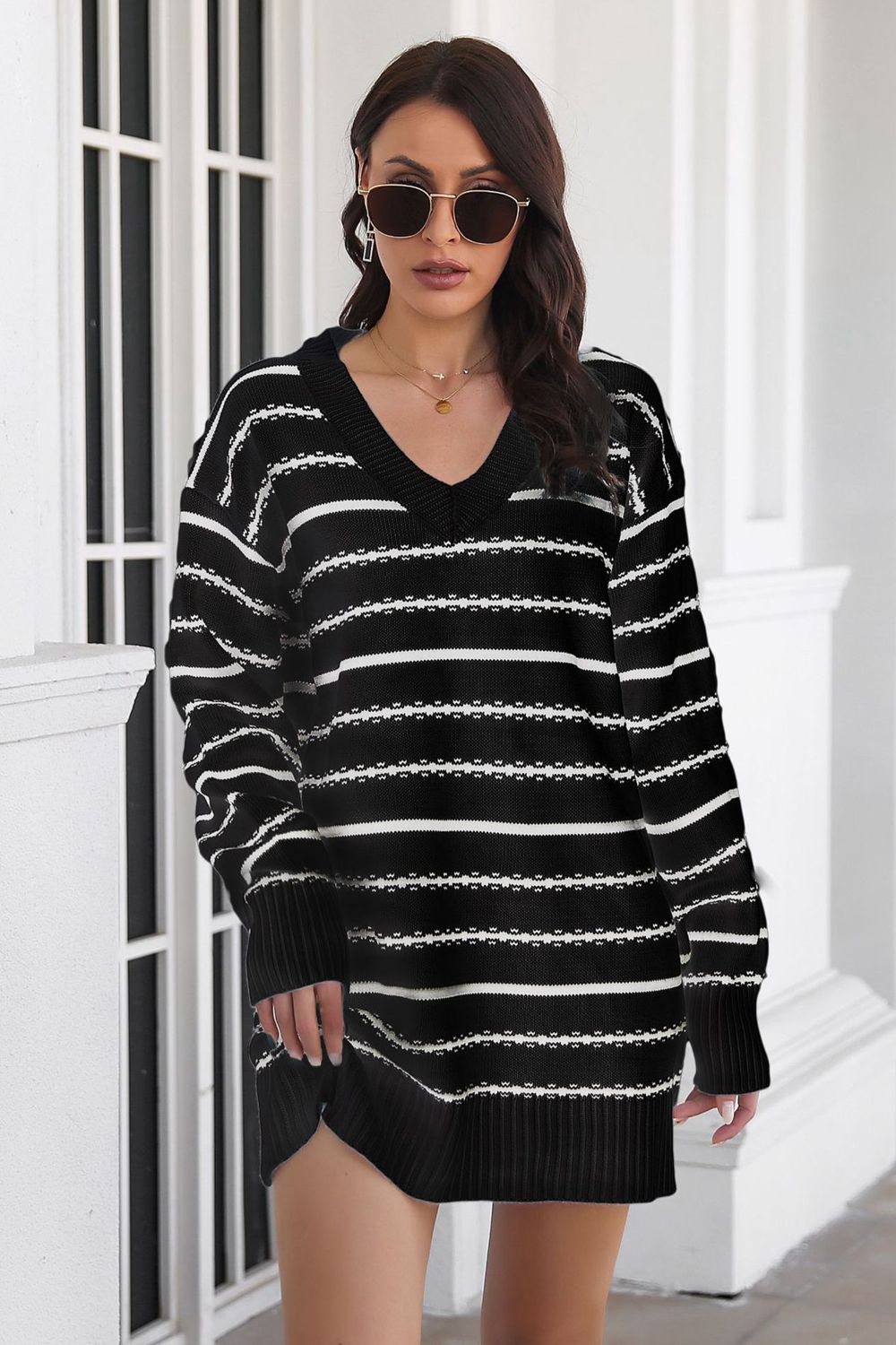 Striped V-Neck Mini Sweater Dress - Whiicka