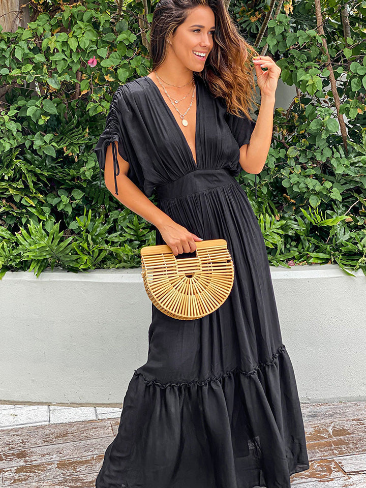 Plunge Neck Tie Sleeve Maxi Dress - Whiicka