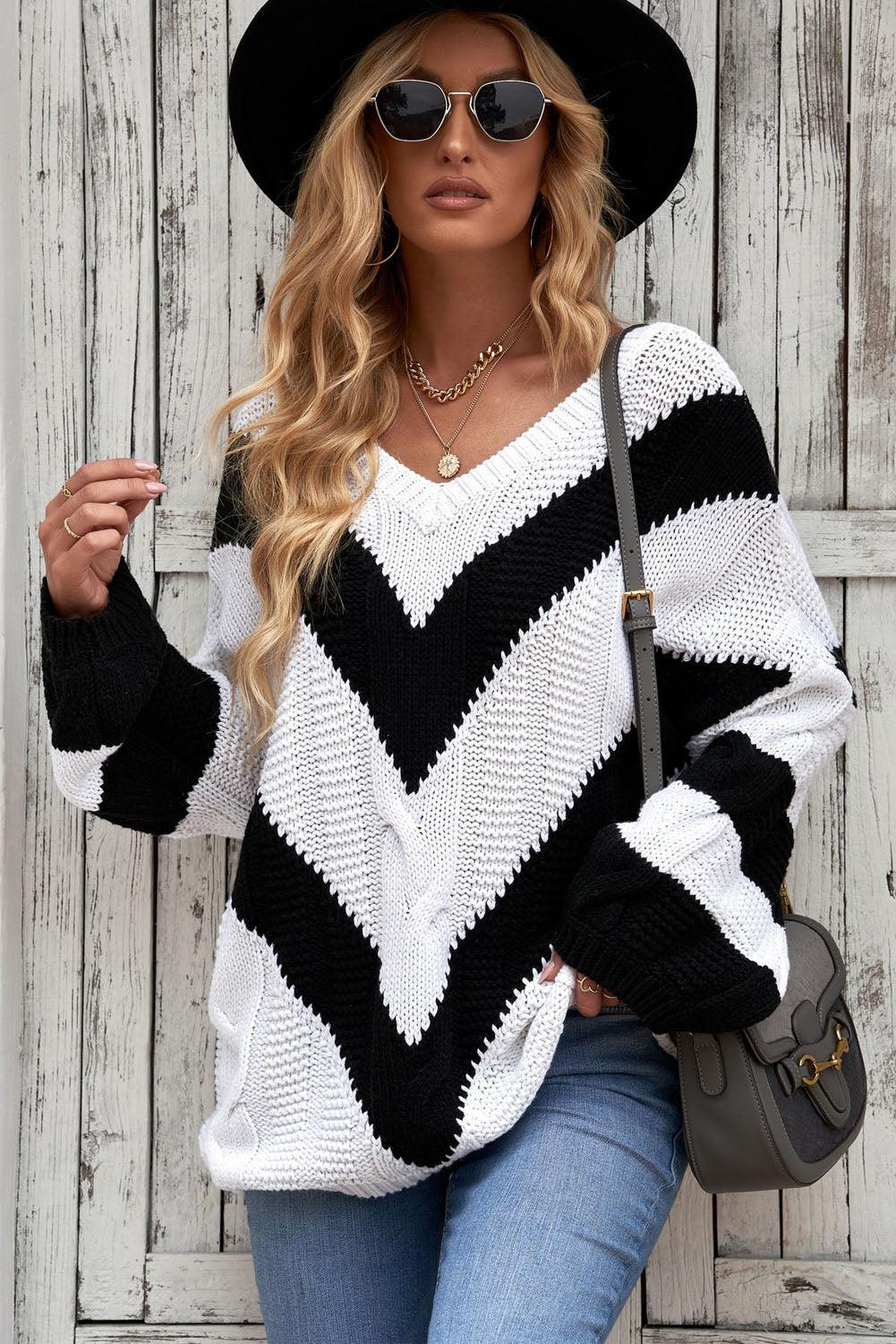 Chevron Cable-Knit V-Neck Sweater - Whiicka