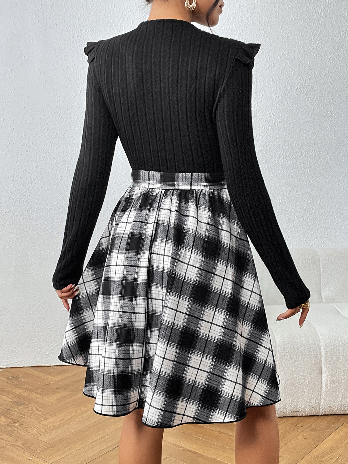 Plaid Ruffle Shoulder Dress - Whiicka