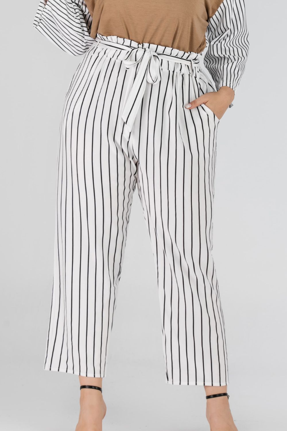 Striped Paperbag Cropped Pants - Whiicka