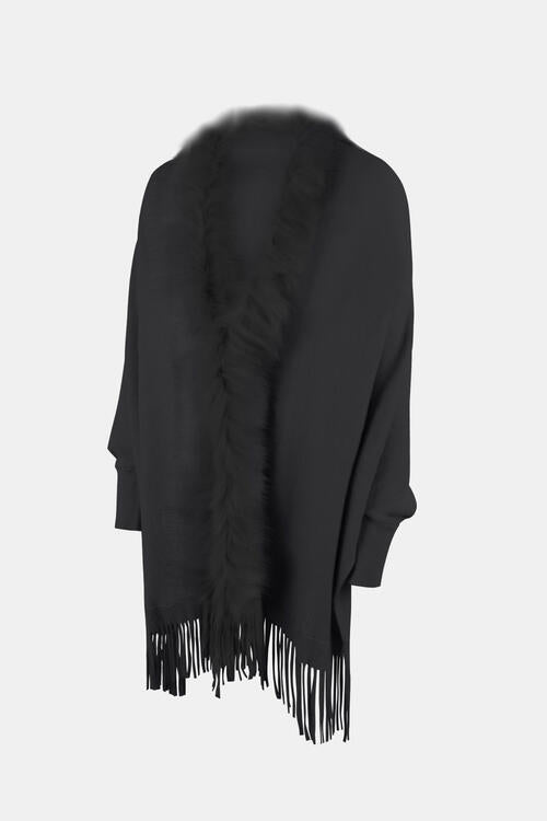 Fringe Open Front Long Sleeve Poncho - Whiicka