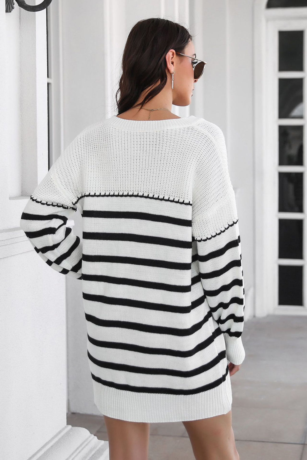 Striped Drop Shoulder Sweater Dress - Whiicka