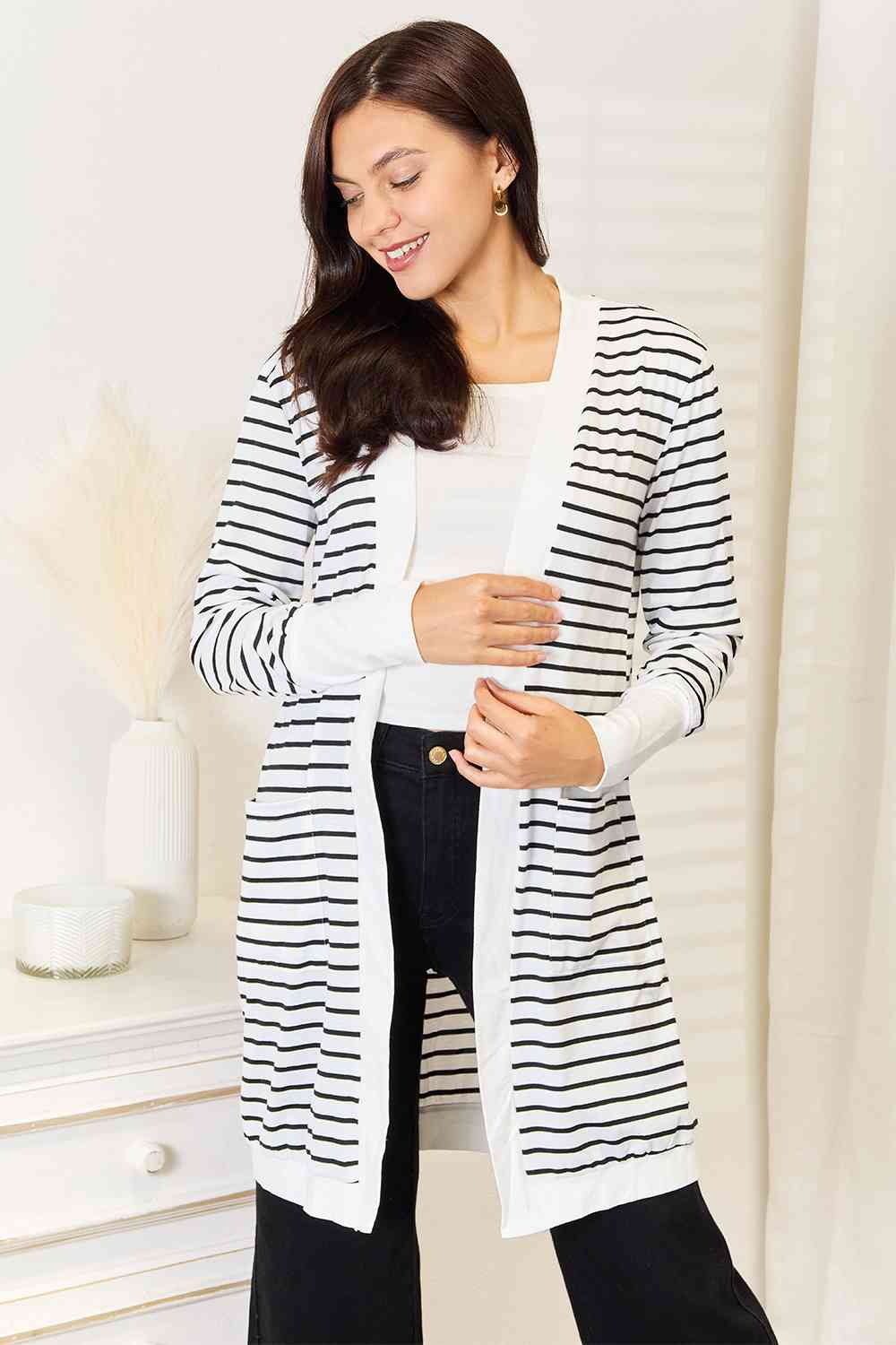 Striped Open Front Longline Cardigan - Whiicka