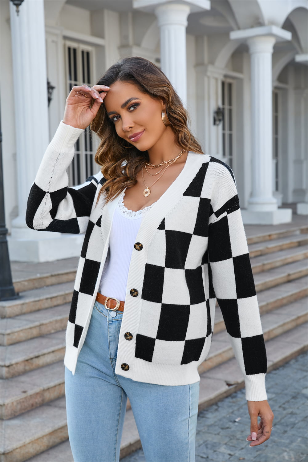 Checkered Button-Up V-Neck Cardigan - Whiicka