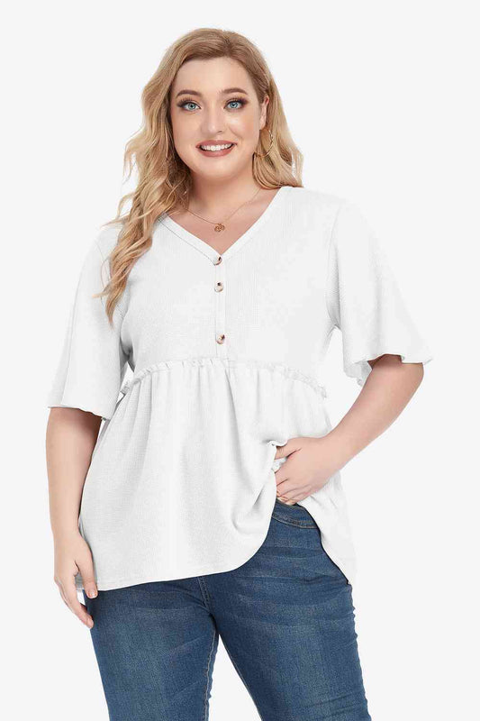 Plus Size Buttoned V-Neck Frill Trim Blouse