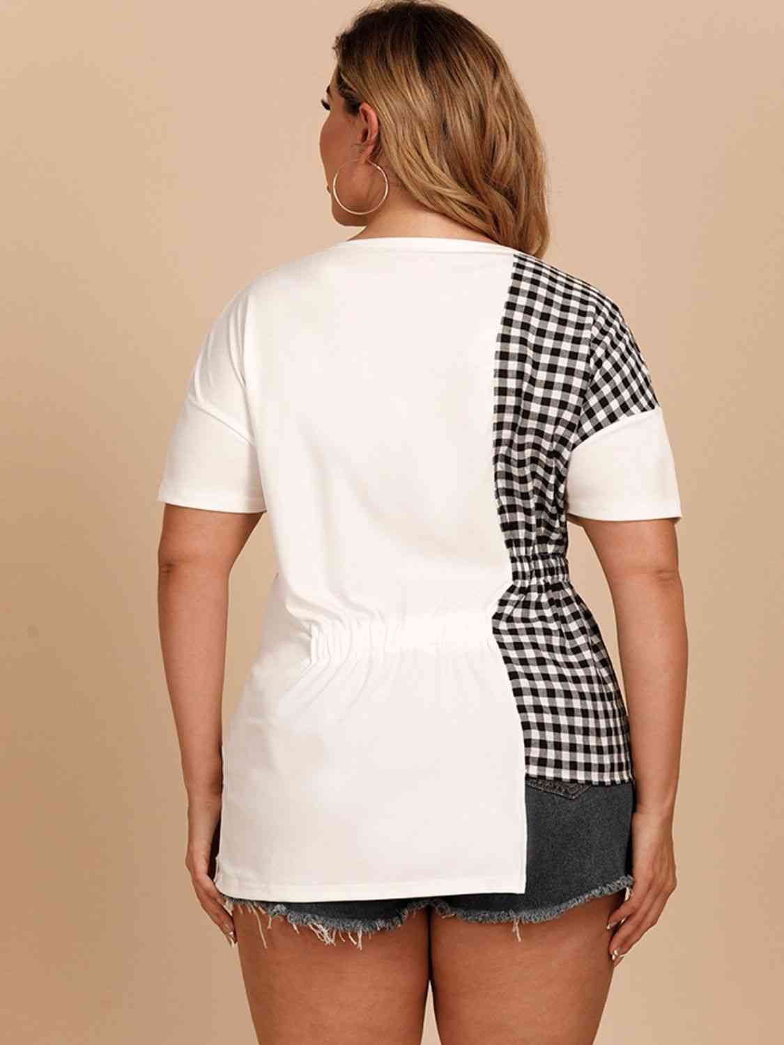 Plus Size Checkered Asymmetrical T-Shirt