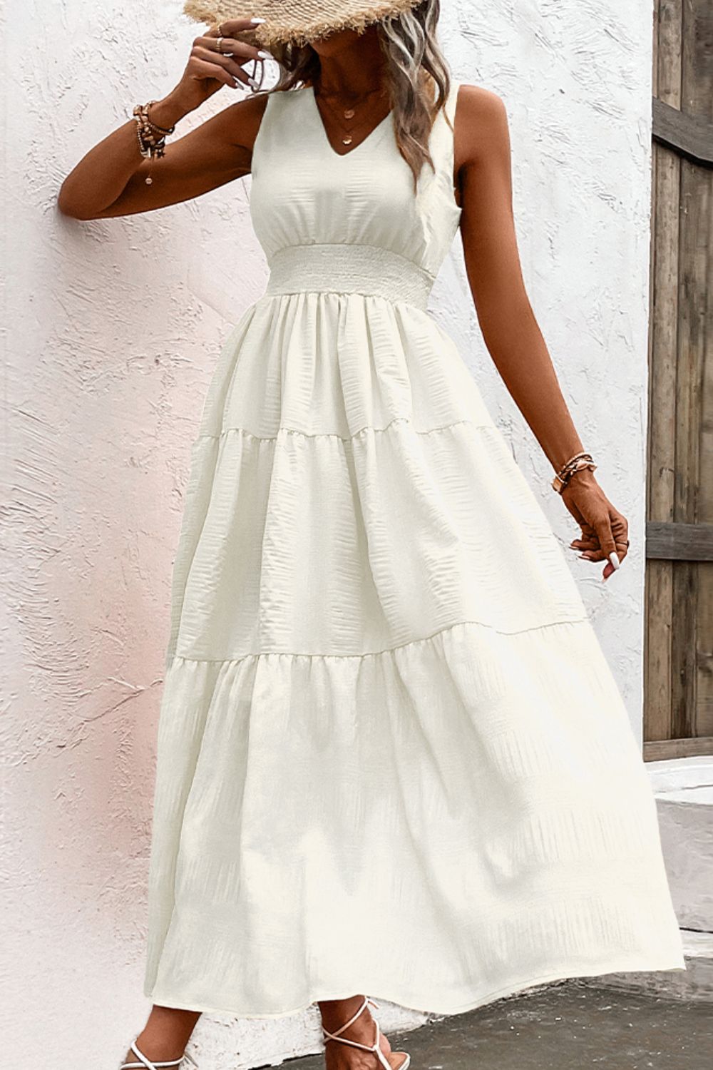 V-Neck Smocked Waist Tiered Dress - Whiicka