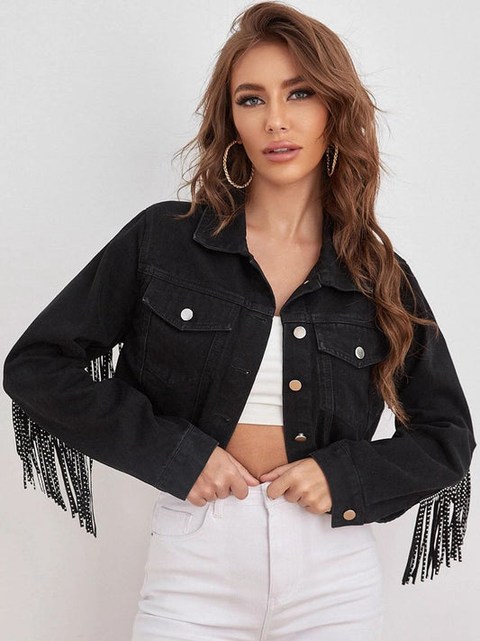 Fringe Detail Cropped Denim Jacket - Whiicka