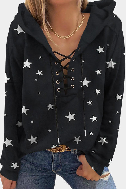 Black Star Print Lace-Up Hoodie - Whiicka