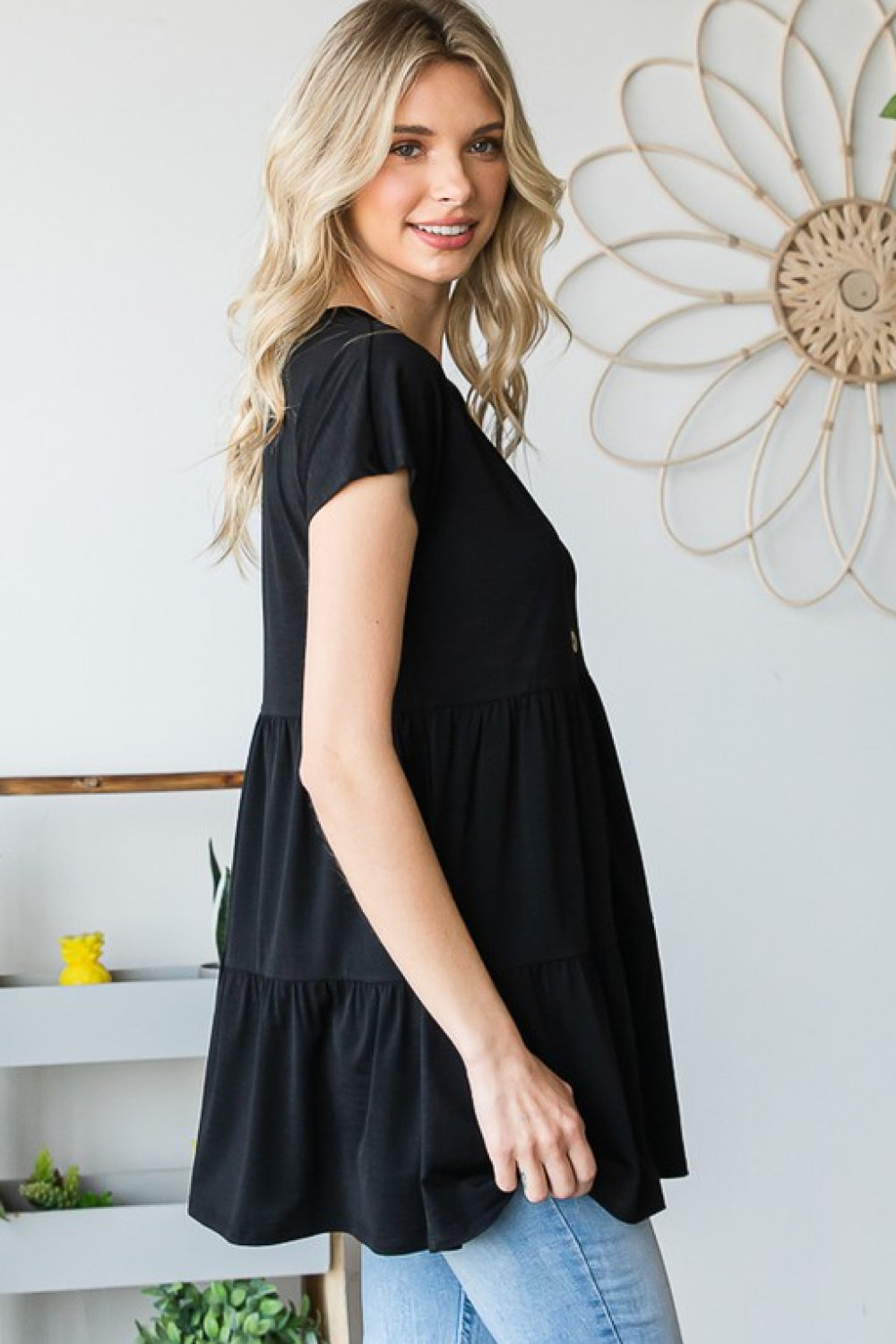 Black Buttoned V-Neck Tiered Top - Whiicka