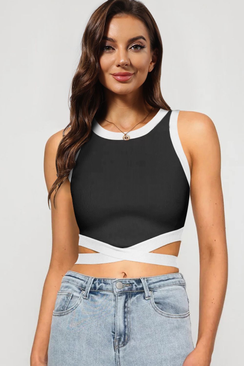 Contrast Tie Back Round Neck Tank - Whiicka