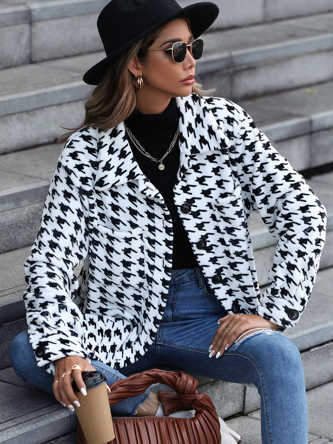 Houndstooth Button Down Jacket - Whiicka