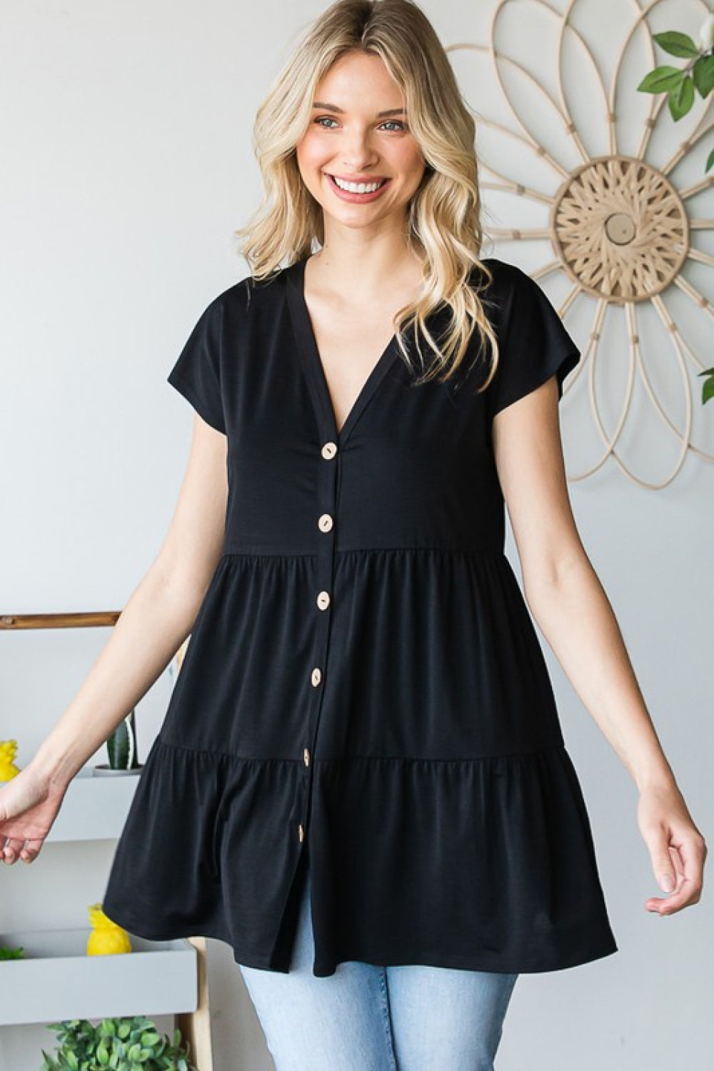 Black Buttoned V-Neck Tiered Top - Whiicka