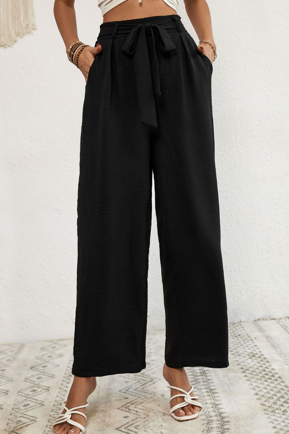 Belted Pleated Waist Wide Leg Pants - Whiicka