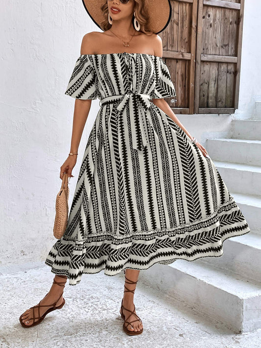 Off-Shoulder Tie Belt Midi Dress - Whiicka