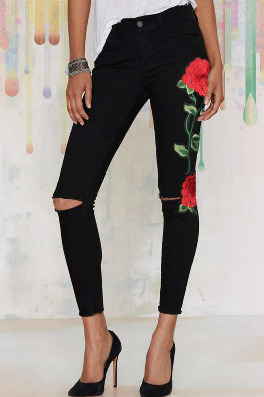 Rose Embroidery Cutout Jeans - Whiicka