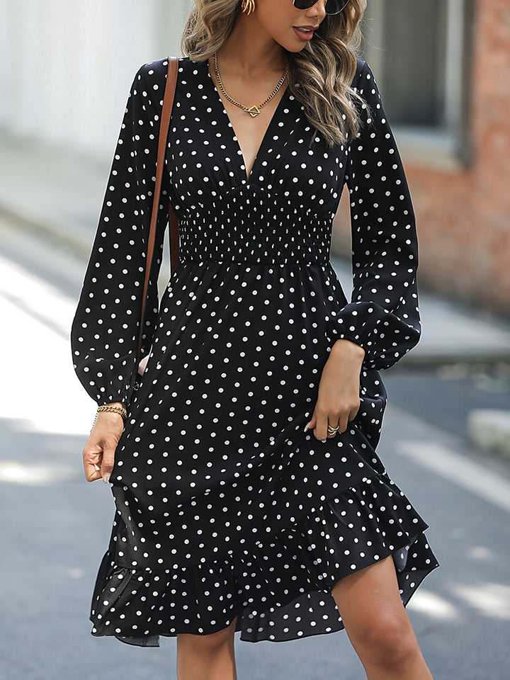 Polka Dot V-Neck Ruffle Hem Dress - Whiicka