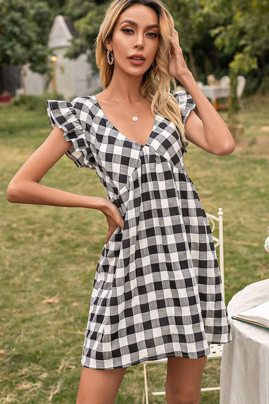 Plaid Butterfly Sleeve Deep V Dress - Whiicka