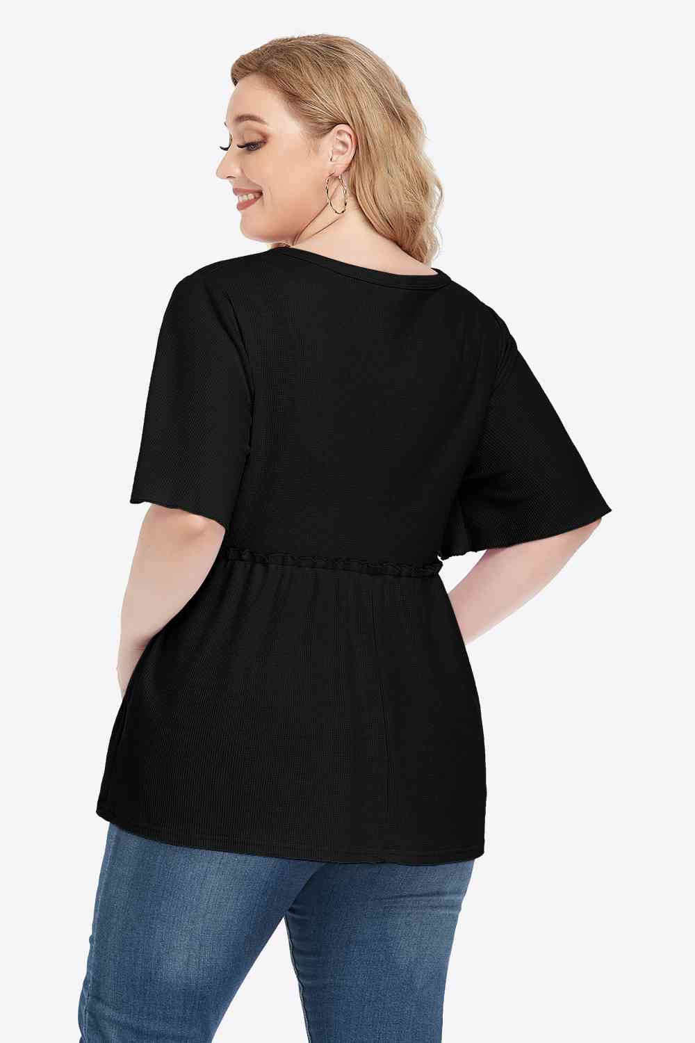 Plus Size Buttoned V-Neck Frill Trim Blouse