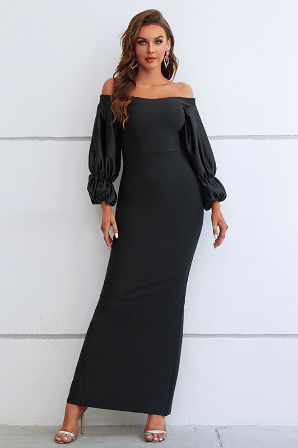 Off-Shoulder Bubble Sleeve Slit Dress - Whiicka