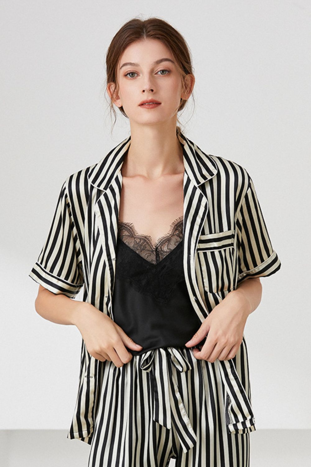 Striped Shirt Pants and Cami Satin Pajama Set - Whiicka