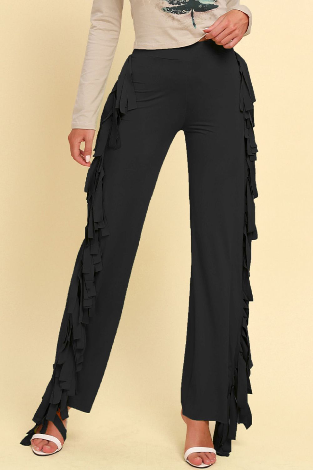 Fringe Trim Wide Leg Pants - Whiicka