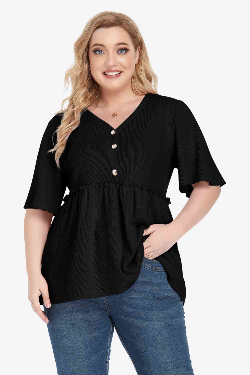 Plus Size Buttoned V-Neck Frill Trim Blouse