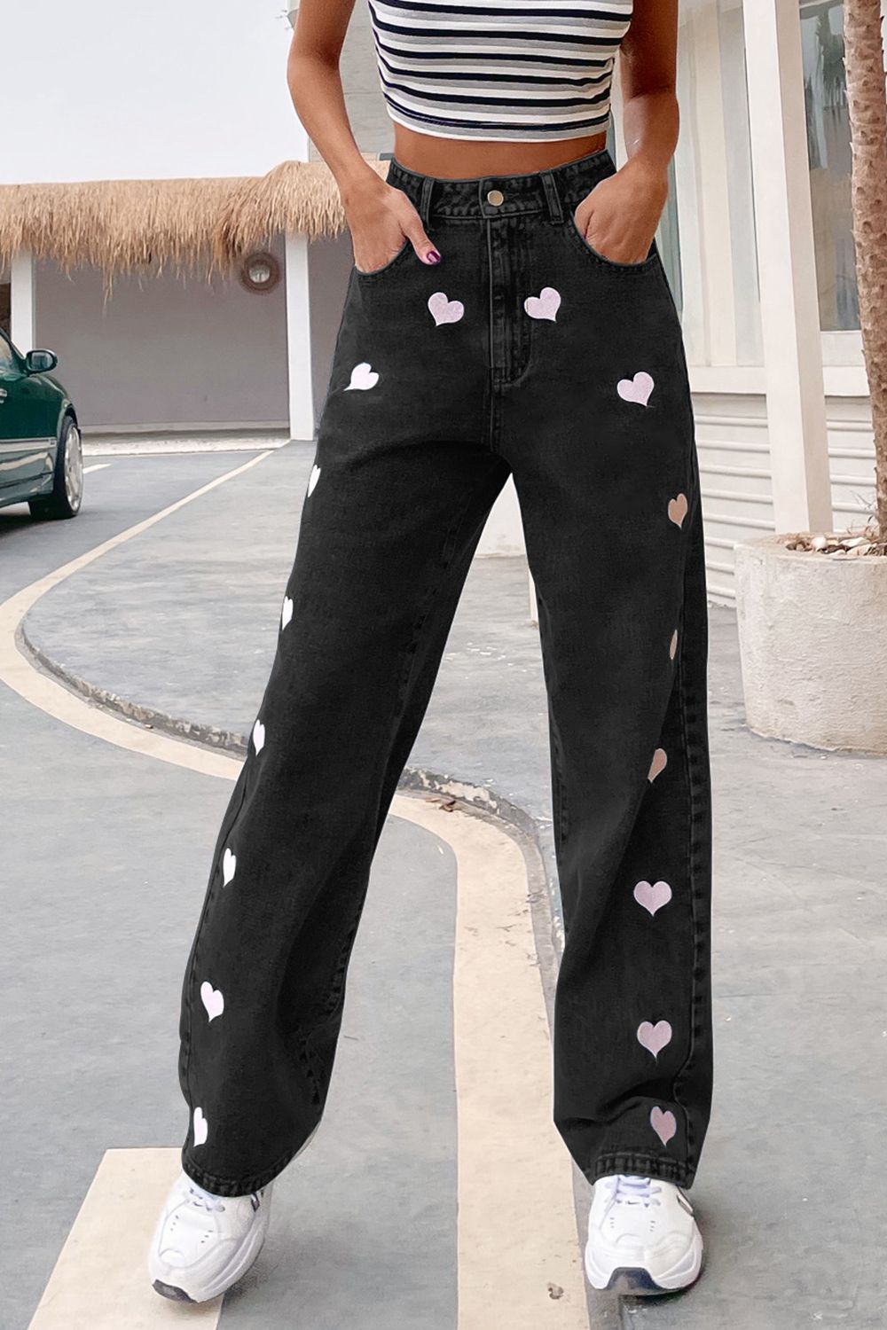 Heart Print Buttoned Jeans - Whiicka