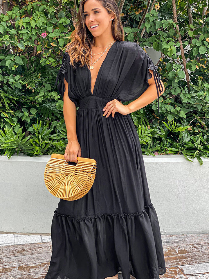 Plunge Neck Tie Sleeve Maxi Dress - Whiicka