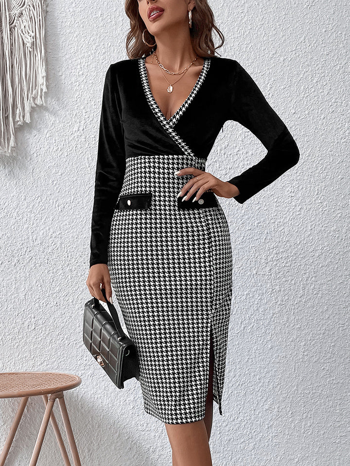 Surplice Neck Houndstooth Dress - Whiicka