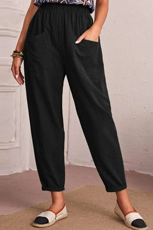 Elastic Waist Pocket Tapered Pants - Whiicka