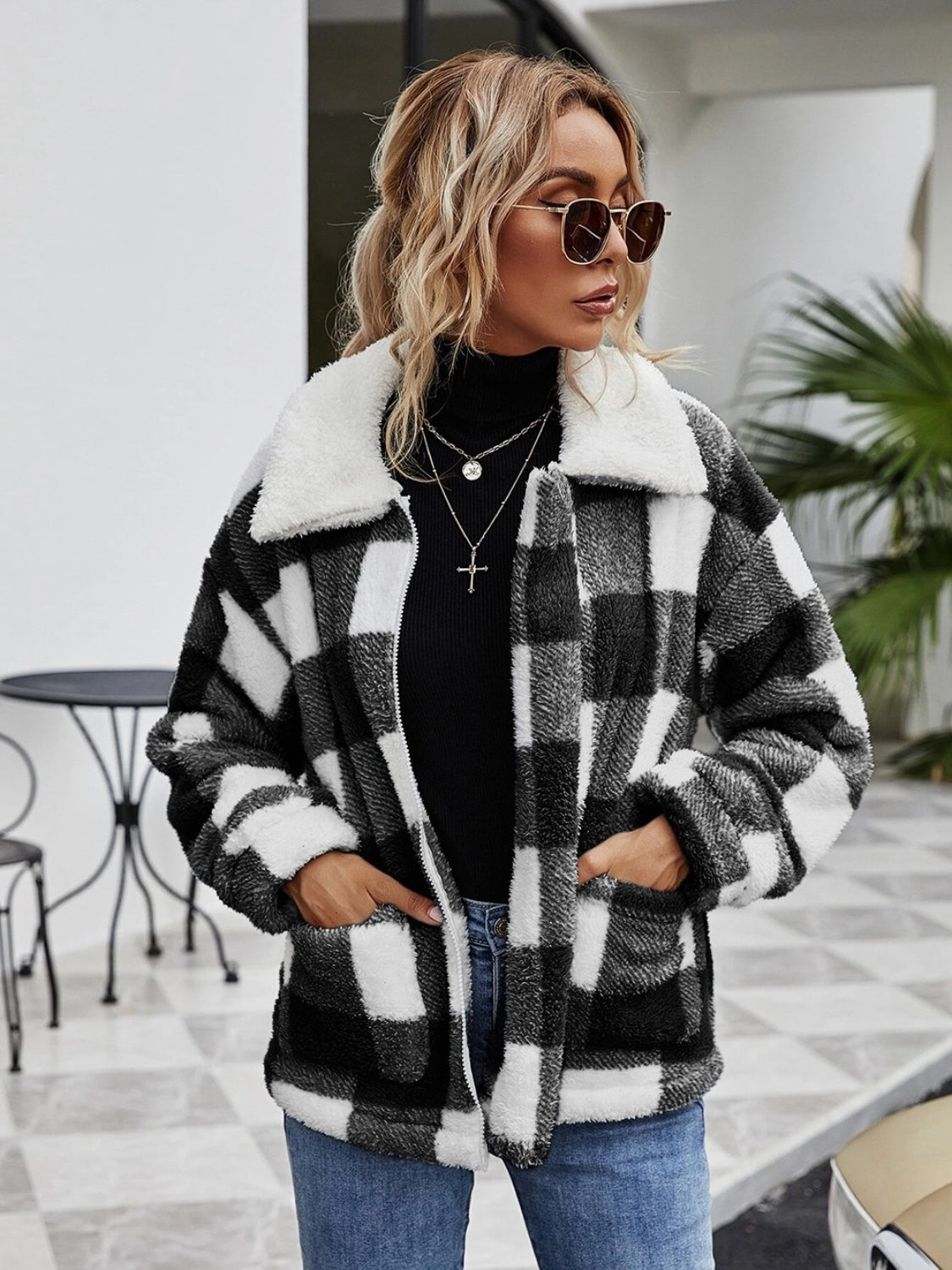 Plaid Zip-Up Collared Jacket - Whiicka