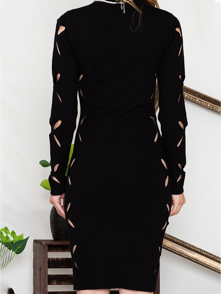 Turtle Neck Cutout Long Sleeve Dress - Whiicka