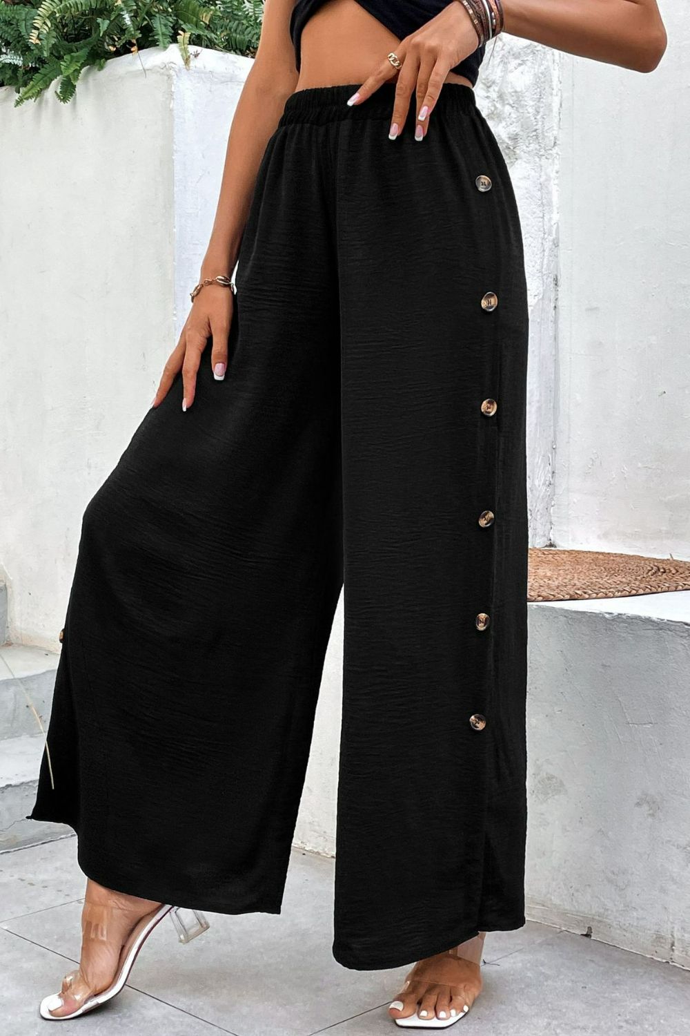 Button Detail Elastic Waist Wide Leg Pants - Whiicka