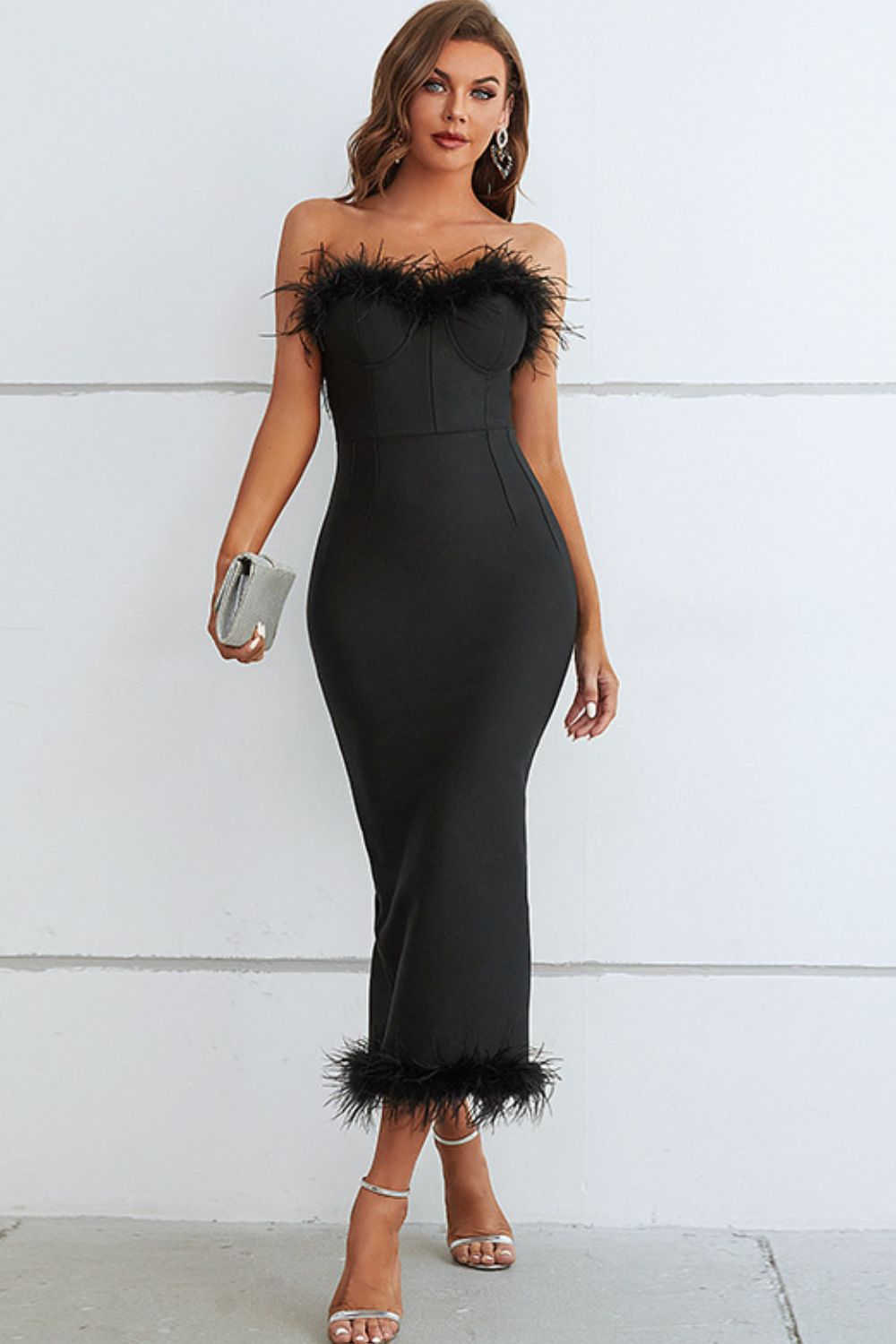 Feather Trim Strapless Dress - Whiicka