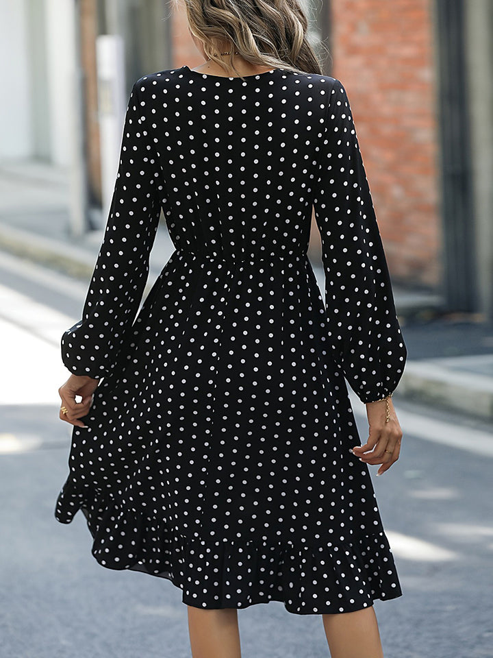 Polka Dot V-Neck Ruffle Hem Dress - Whiicka