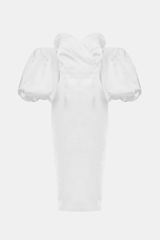 White Ruched Bust Puff Sleeve Dress - Whiicka