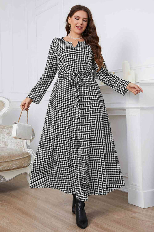 Plus Size  Houndstooth Tie Belt Maxi Dress