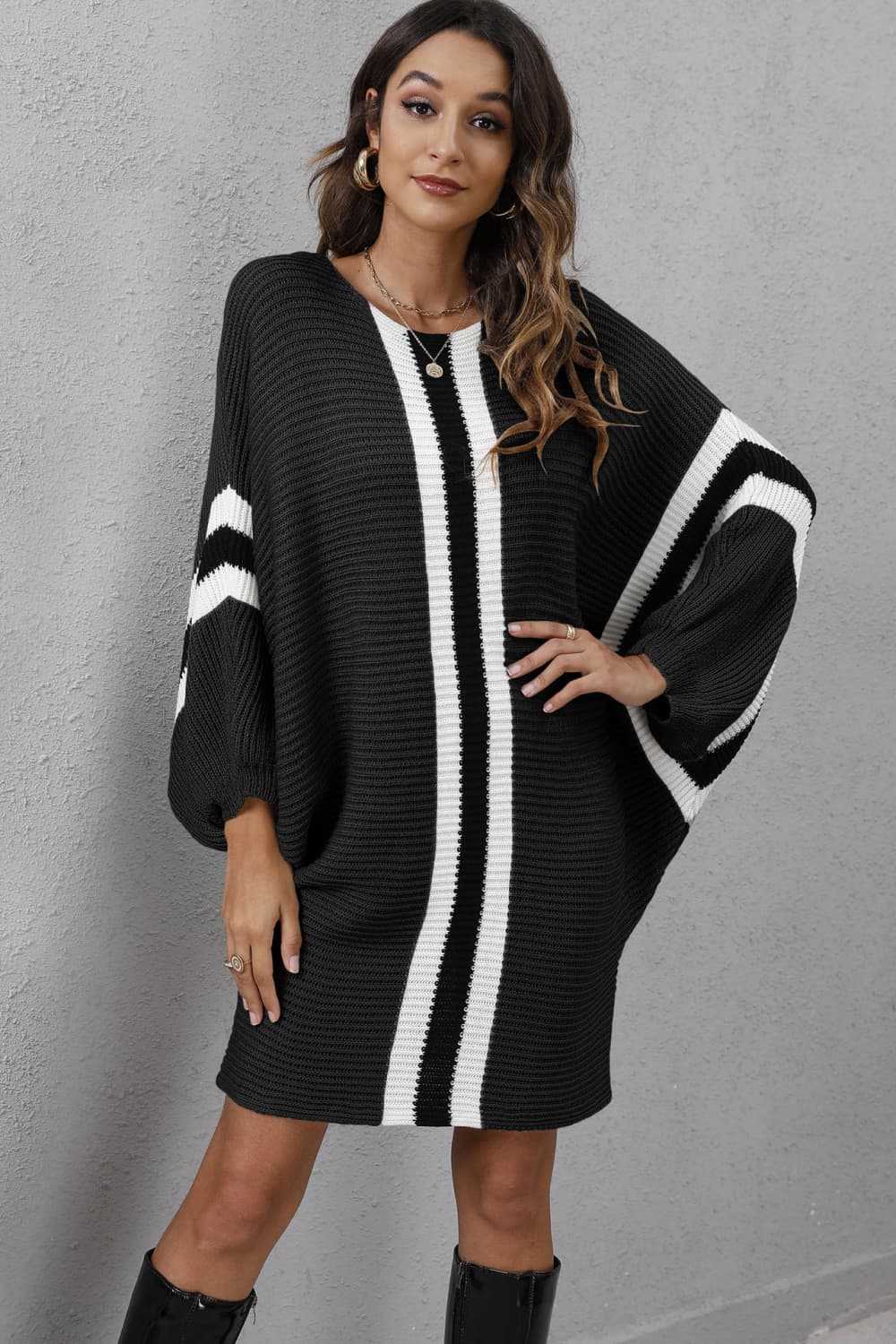 Ribbed Dolman Sleeves Sweater Dress - Whiicka