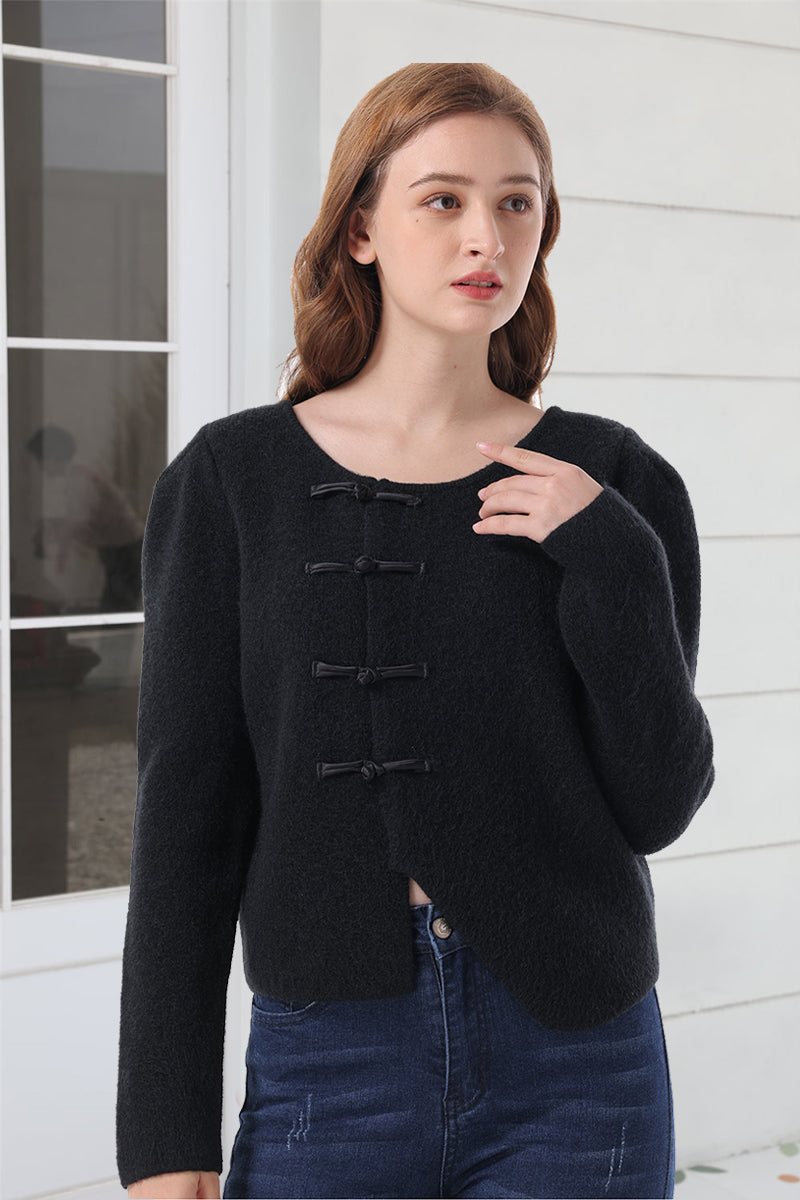 Round Neck Frog Button Cardigan - Whiicka