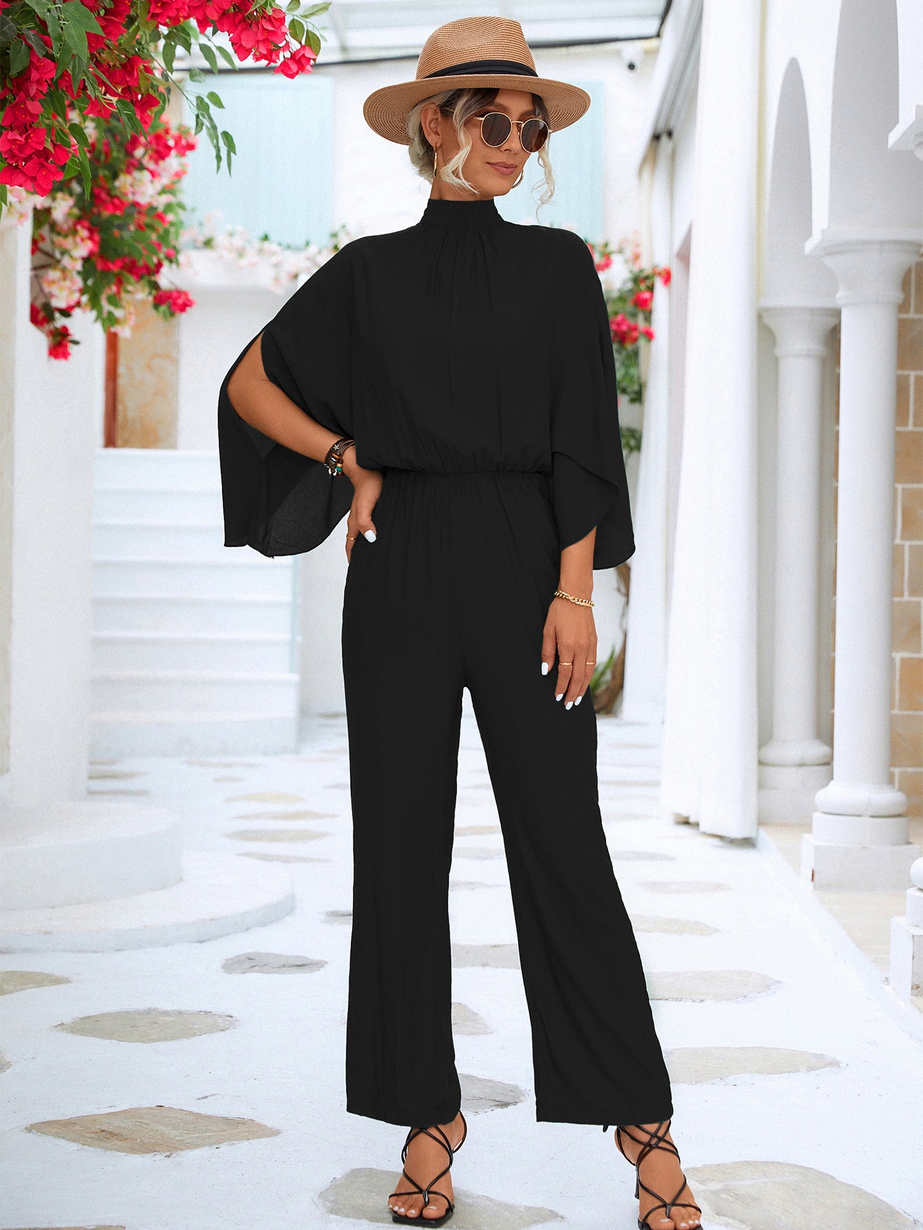 Black Tie Back Mock Neck Split Sleeve Jumpsuit - Whiicka